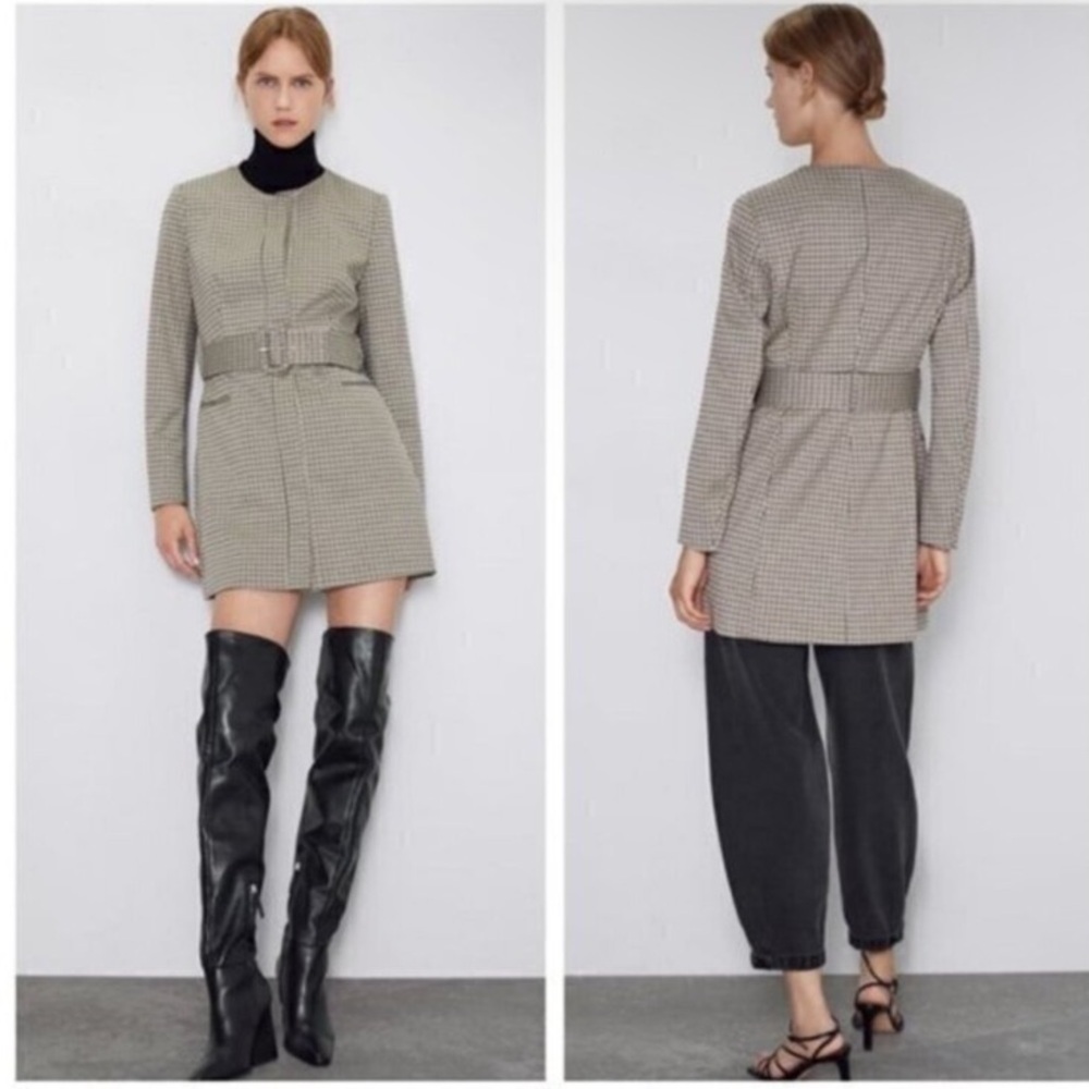 Zara Women's Belted Houndstooth Frock Blazer Coat Timeless Feminine Elegant Sz S